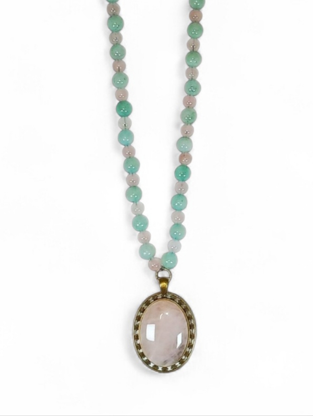 Vintage Beaded Gemstone Necklace Pink Rose Quartz Pale Green Gems Love & Luck